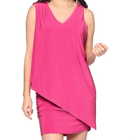 Last Tango Womens Sleeveless Asymmetric Top Layer Ruched Mini Pink Dress XS - Picture 1 of 15